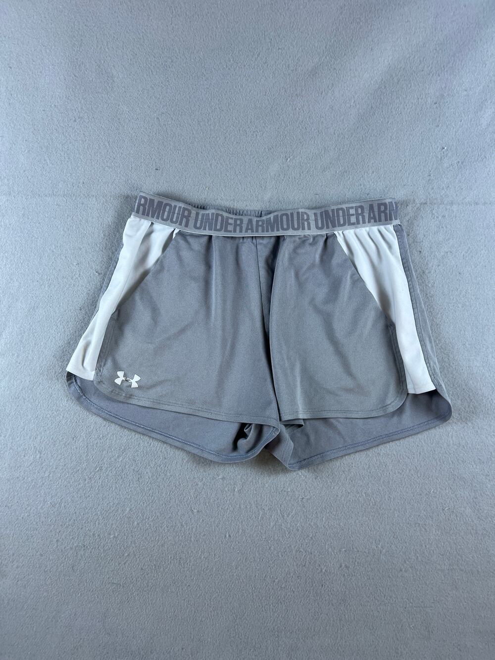 Under Armour Play Up 2.0 Shorts Womens L Gray White Loose Fit Athletic Workout